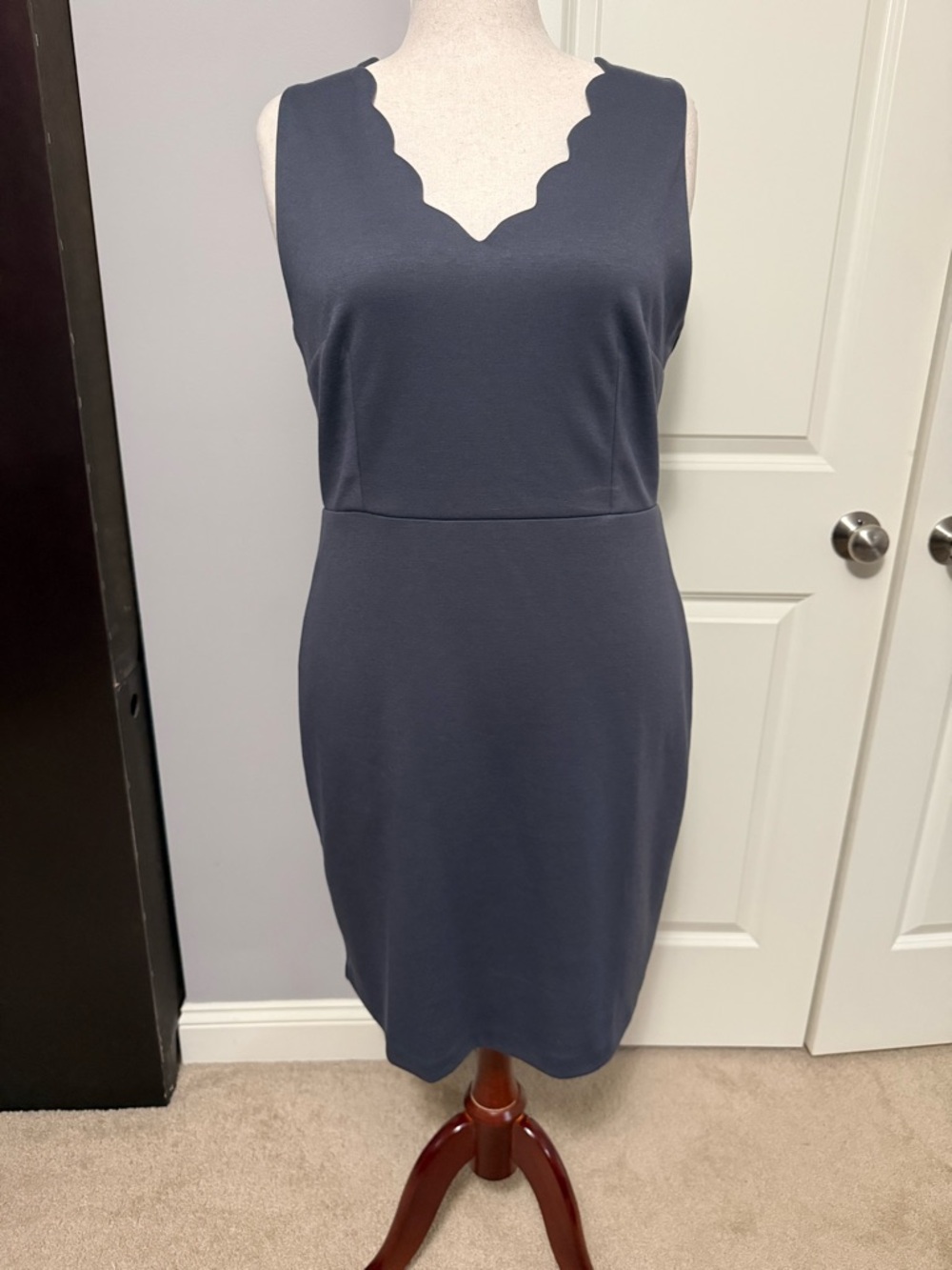 LOFT Slate Blue Sleeveless Scallop V-Neck Midi Dress